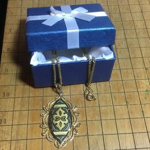 EVC Damascene Filigree Ornament Pendant  Real Gold Inlay 24”L Necklace Boxed
